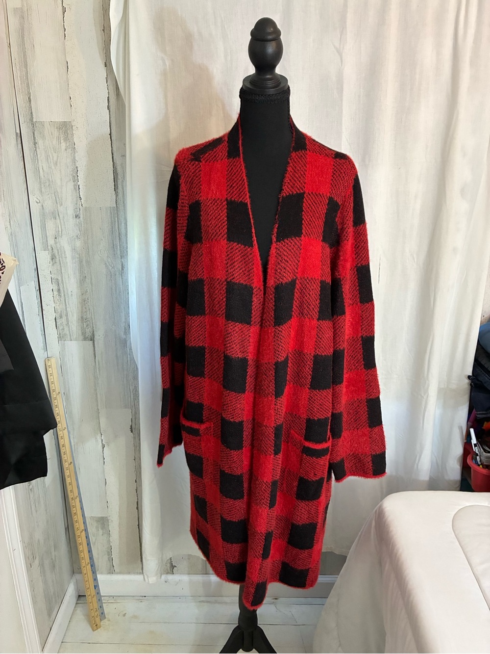 Madison Red and Black Buffalo Plaid Open-Front Cardigan